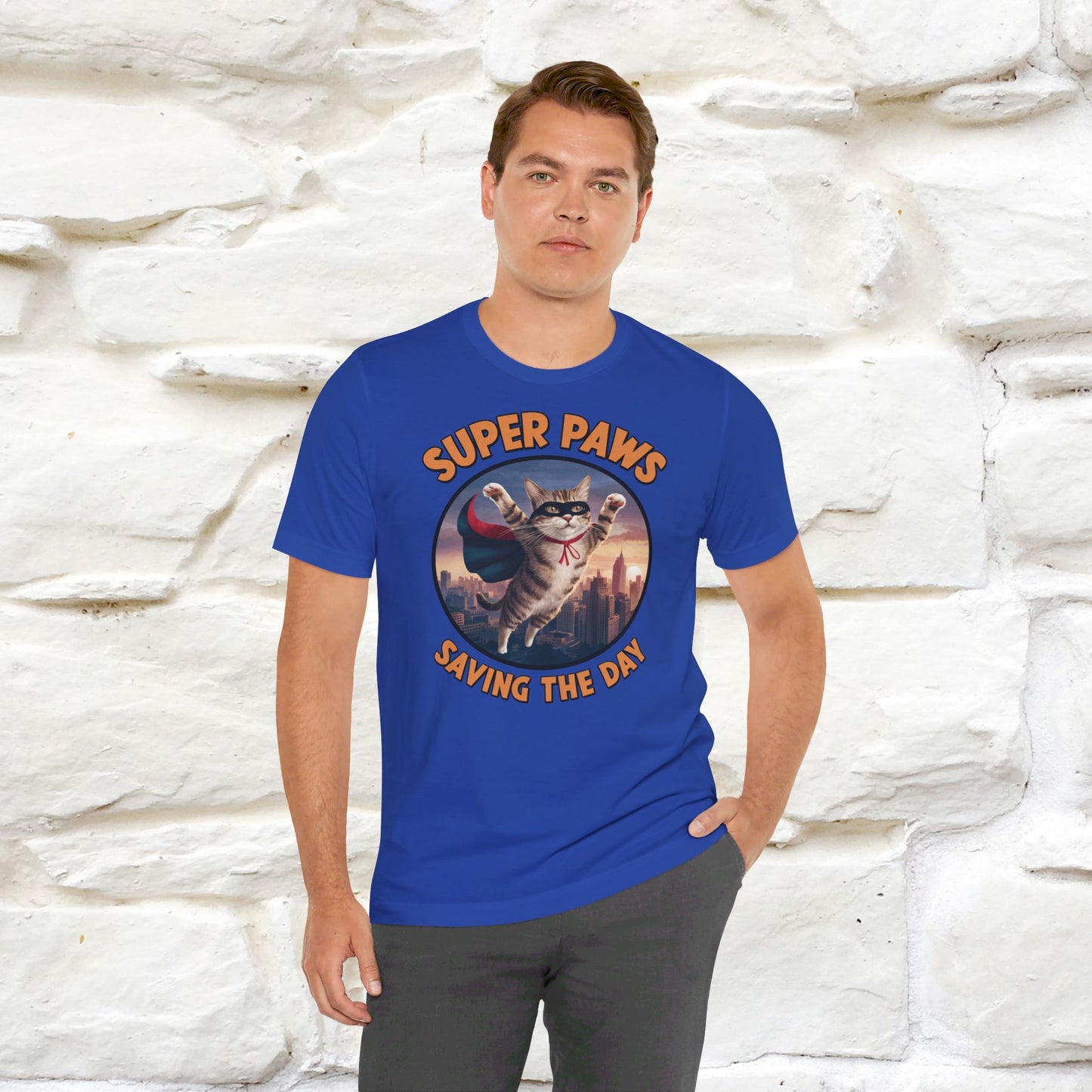 ''Super Paws Saving The Day'' Cat T-shirt for Man 100% Cotton. - Nunu&Miao Studio