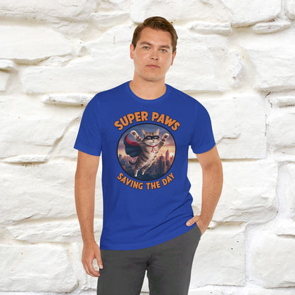 ''Super Paws Saving The Day'' Cat T-shirt for Man 100% Cotton. - Nunu&Miao Studio