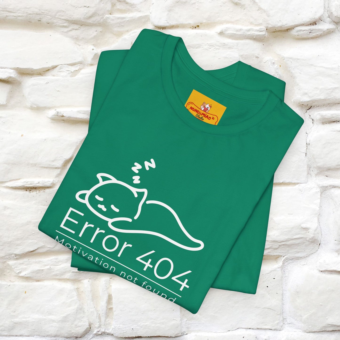''Error 404 Motivation Not Found'' Cat T-Shirt Front and Back Design | Nunu&Miao Studio