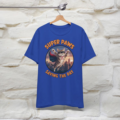 ''Super Paws Saving The Day'' Cat T-shirt for Man 100% Cotton. - Nunu&Miao Studio