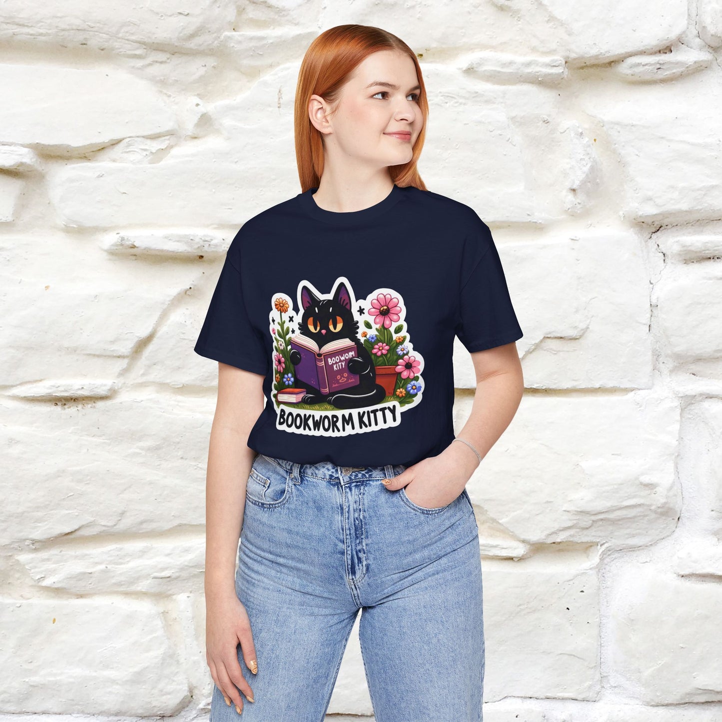 "Bookworm Kitty" Cat T-Shirt for Women | 100% Cotton* | Book Lover Tee