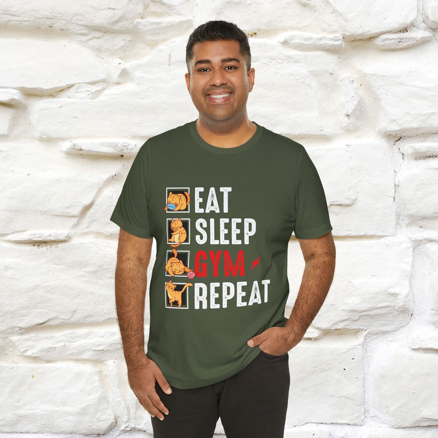 Eat Sleep Gym Repeat Cat Workout T-Shirt for Men & Women | 100% Cotton*