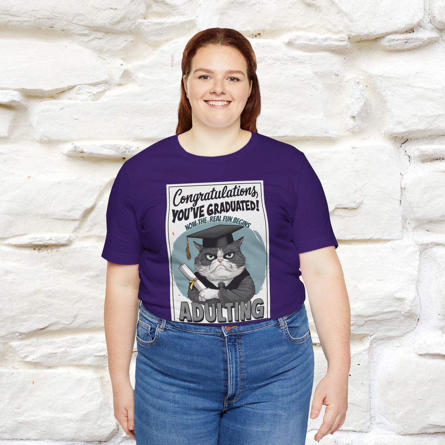 "Congratulations, You've Graduated! Now the Real Fun Begins - Adulting" Funny Cat Graduation T-Shirt for Men & Women | 100% Cotton* | Graduation T-Shirts