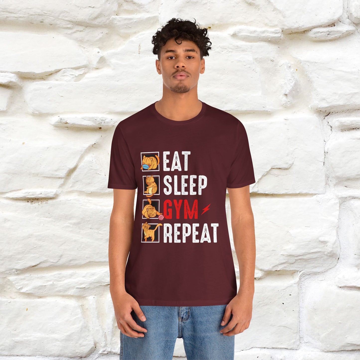 Eat Sleep Gym Repeat Cat Workout T-Shirt for Men & Women | 100% Cotton*