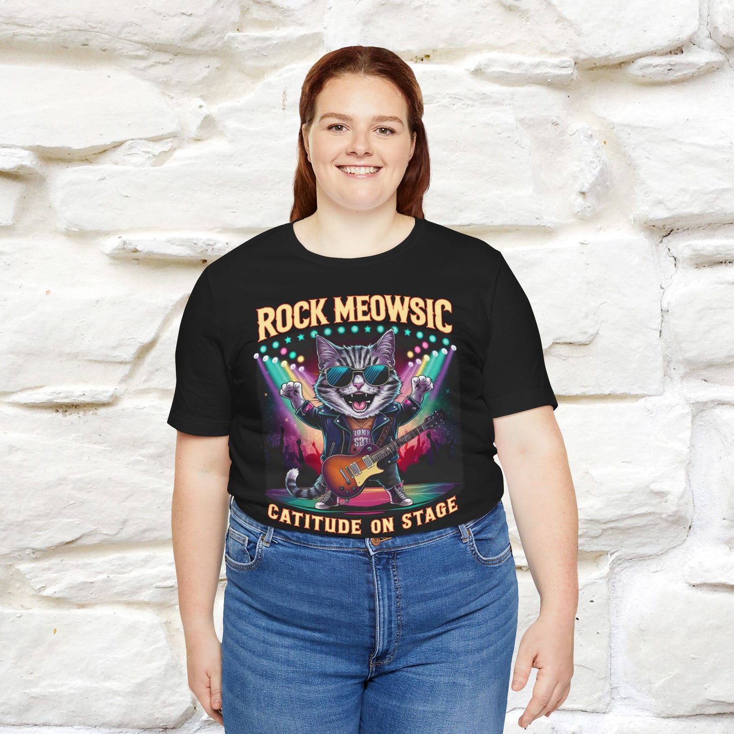 Rock Meowsic Catitude On Stage T-Shirt | Rocker Cat Tee for Men & Women | 100% Cotton*