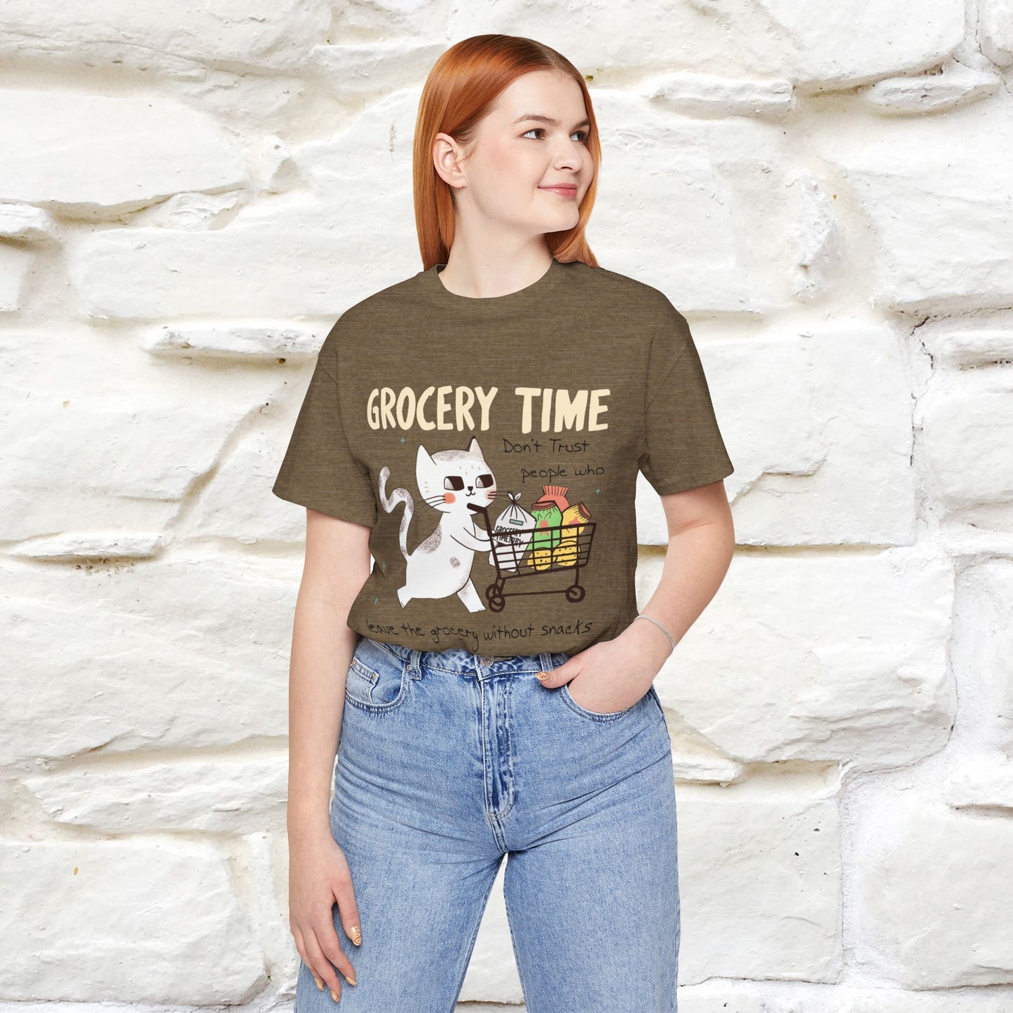 "Grocery Time: Don’t Trust People Who Leave the Grocery Without Snacks" Cat T-Shirt for Men & Women  | 100% Cotton* | Funny Tee