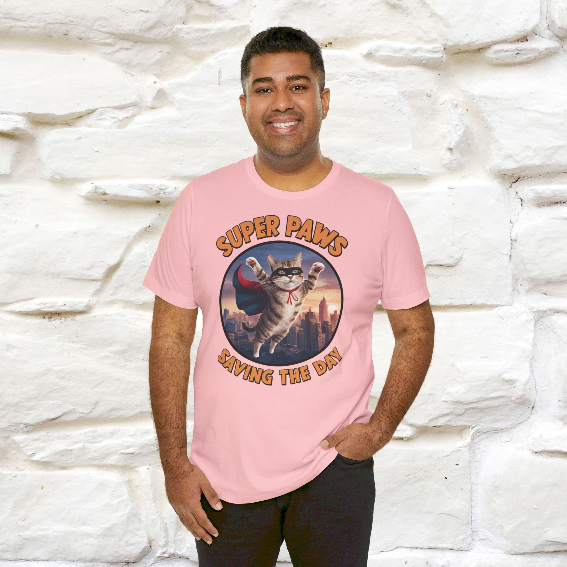 ''Super Paws Saving The Day'' Cat T-shirt for Man 100% Cotton. - Nunu&Miao Studio