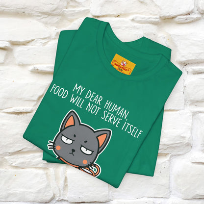 "Caro umano, il cibo non si servirà da solo" Maglietta divertente con gatto per uomo e donna | 100% cotone* 🐾