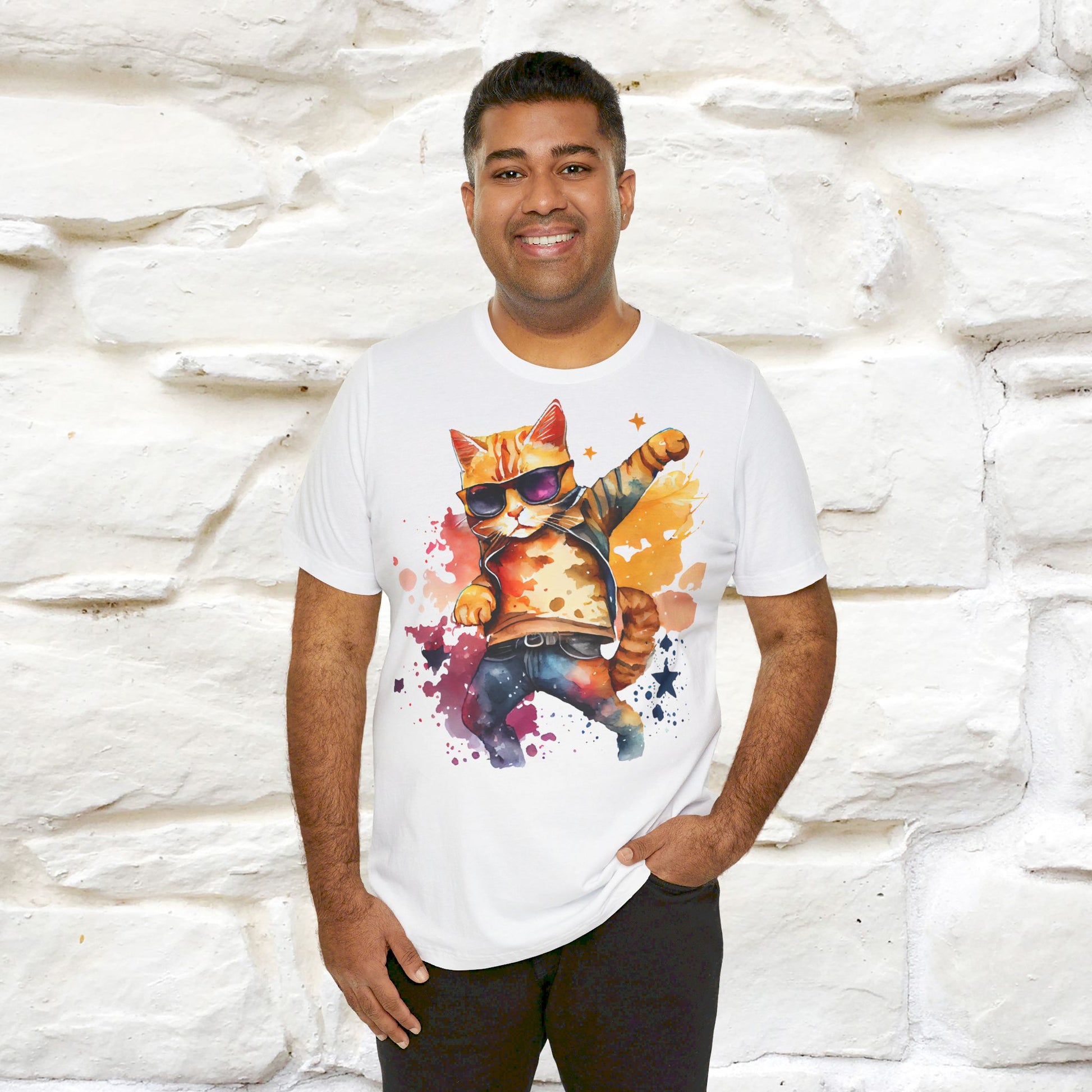 ''Cool Rainbow Cat'' T-shirt for Man 100% Cotton. - Nunu&Miao Studio