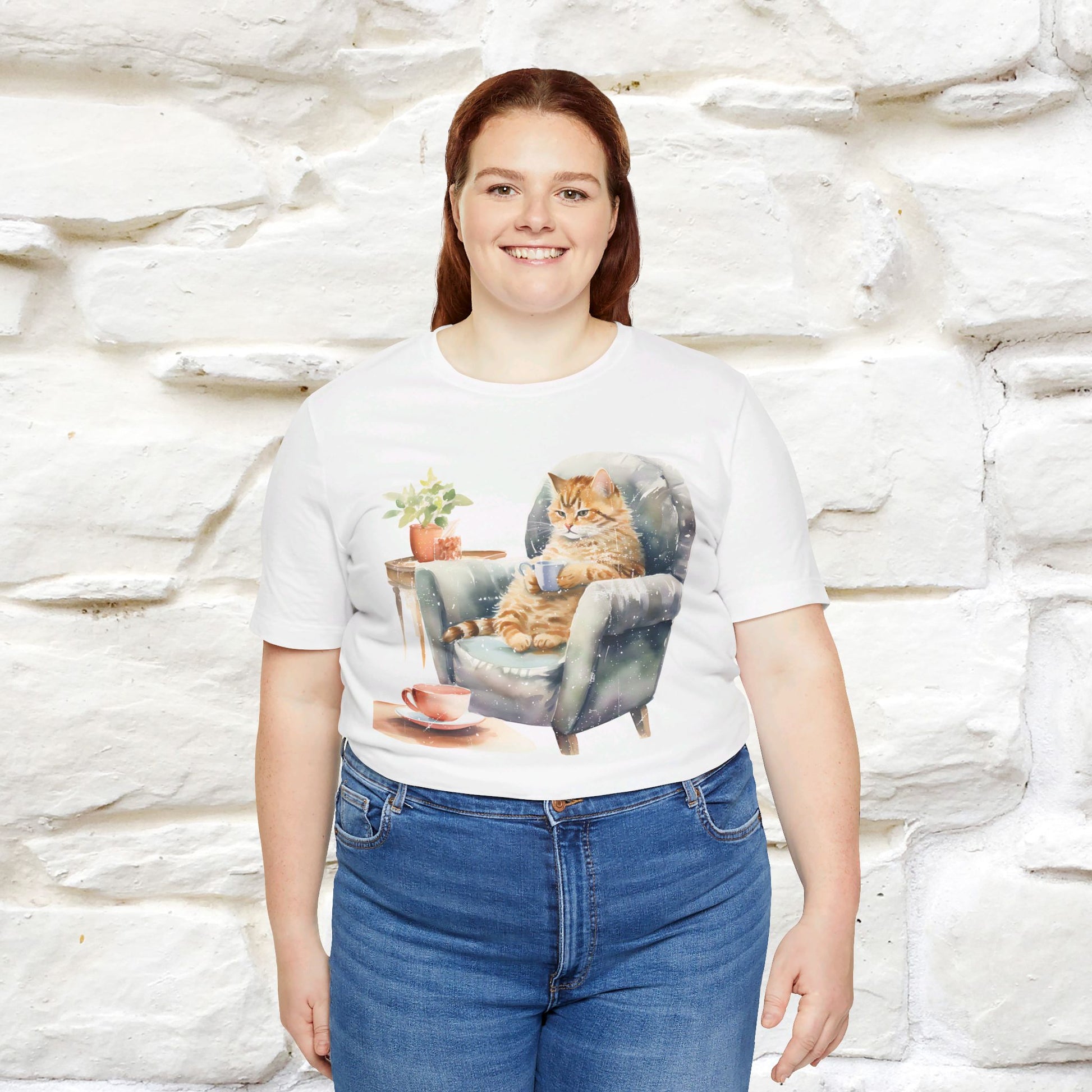 "Cat and Cuppa Comfort"T-shirt for Women 100% Cotton* - Nunu&Miao Studio