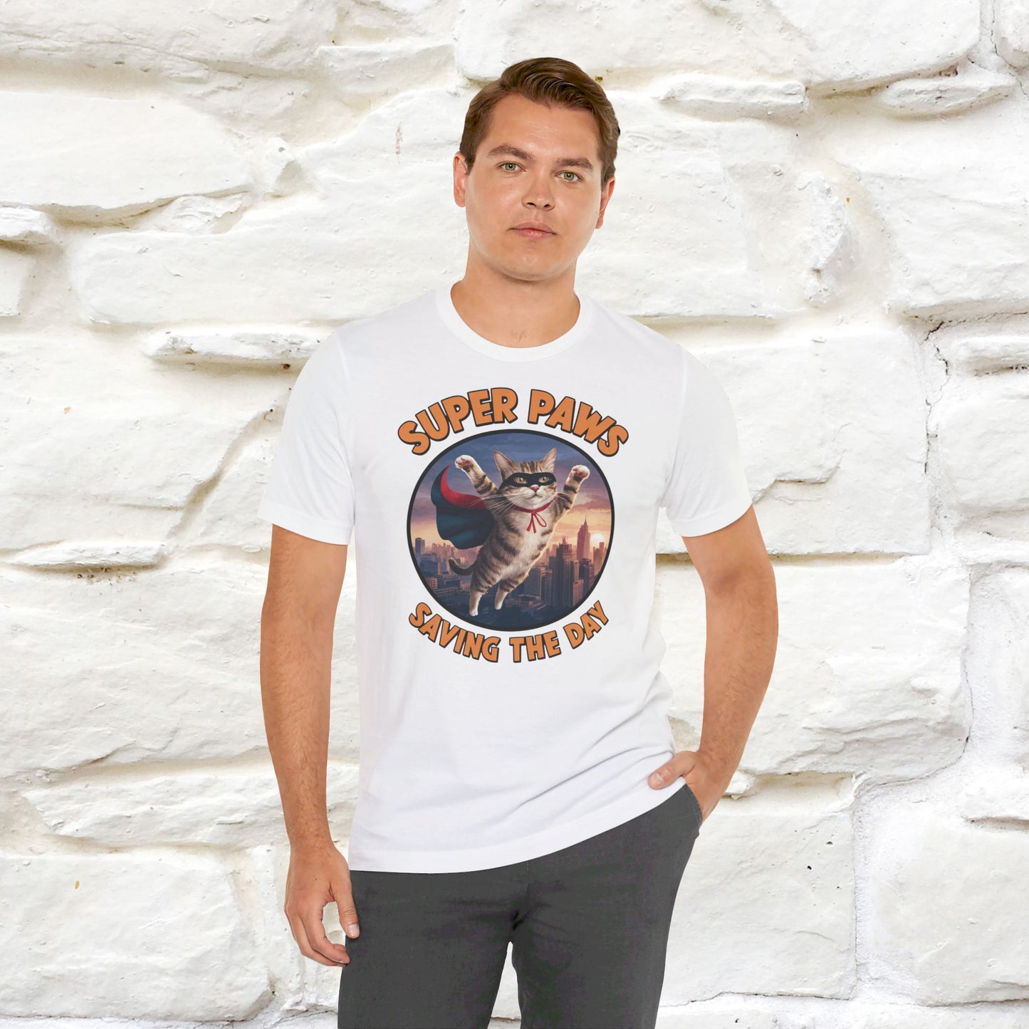 ''Super Paws Saving The Day'' Cat T-shirt for Man 100% Cotton. - Nunu&Miao Studio