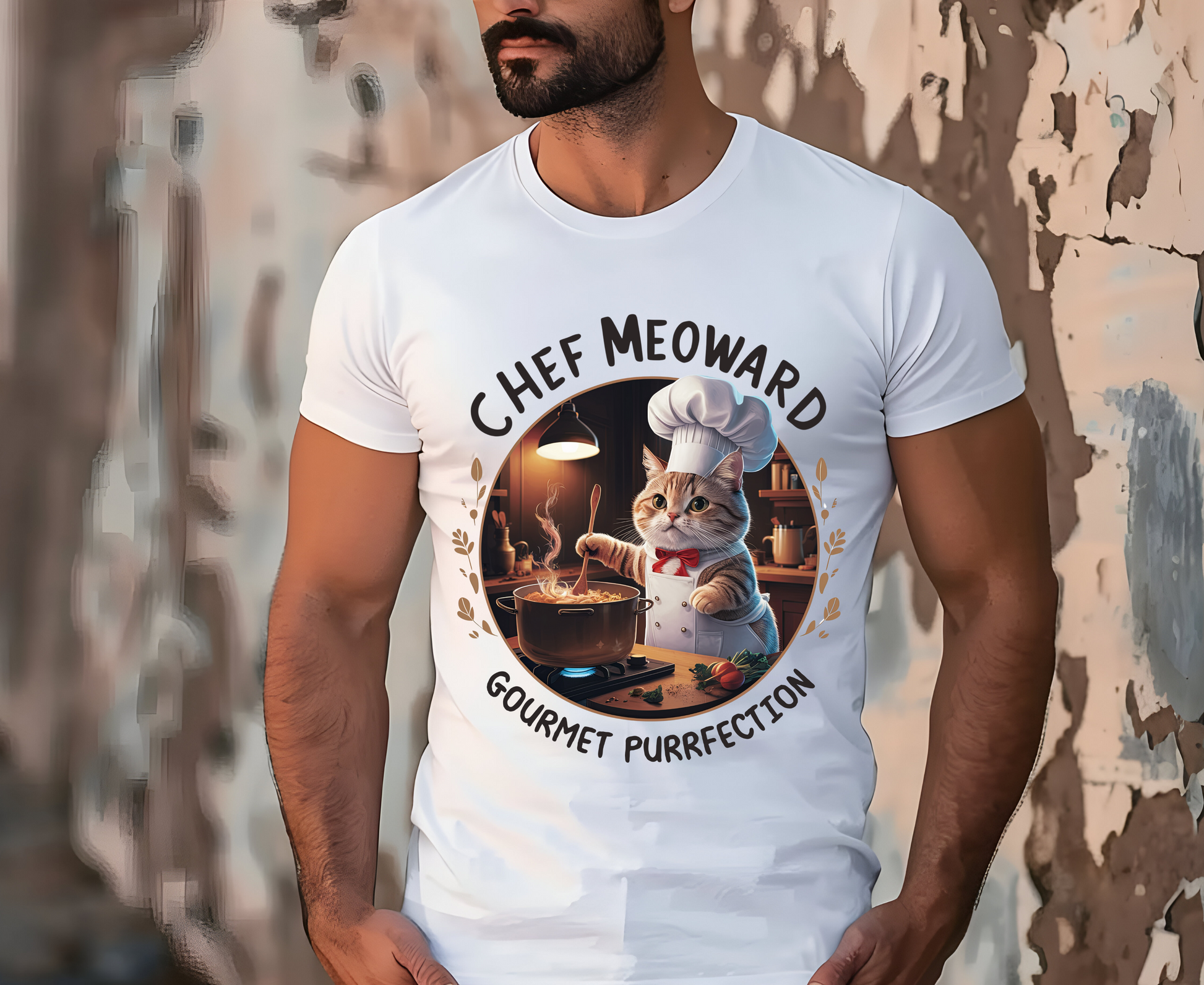 ''Chef Meoward Gourmet Purrfection'' Cat T-shirt for Man 100% Cotton. - Nunu&Miao Studio