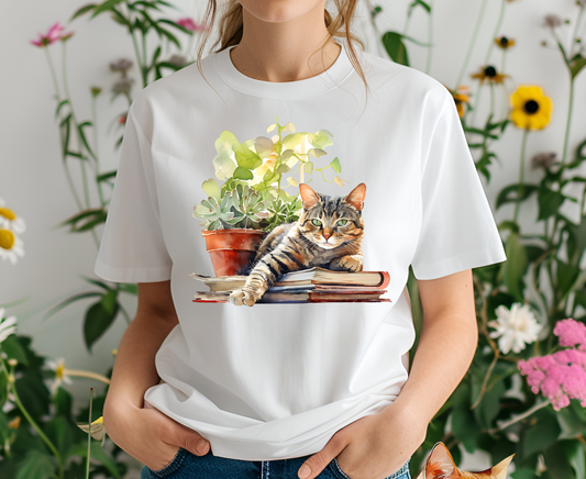 "Feline Bibliophile" T-shirt for Women 100% Cotton* - Nunu&Miao Studio