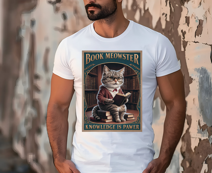 ''Book Meowster Knowledge Is Pawer'' Cat T-shirt for Man 100% Cotton. - Nunu&Miao Studio