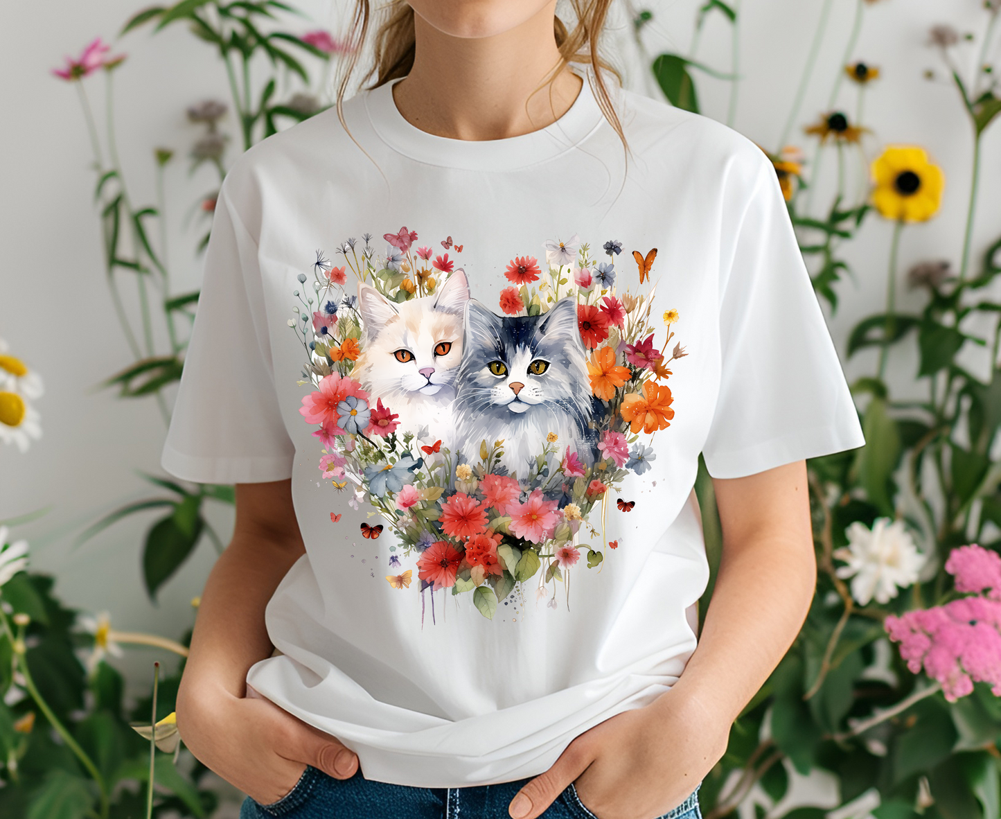 ''Heart Of Flower'' Cat T-shirt for Women 100% Cotton* - Nunu&Miao Studio