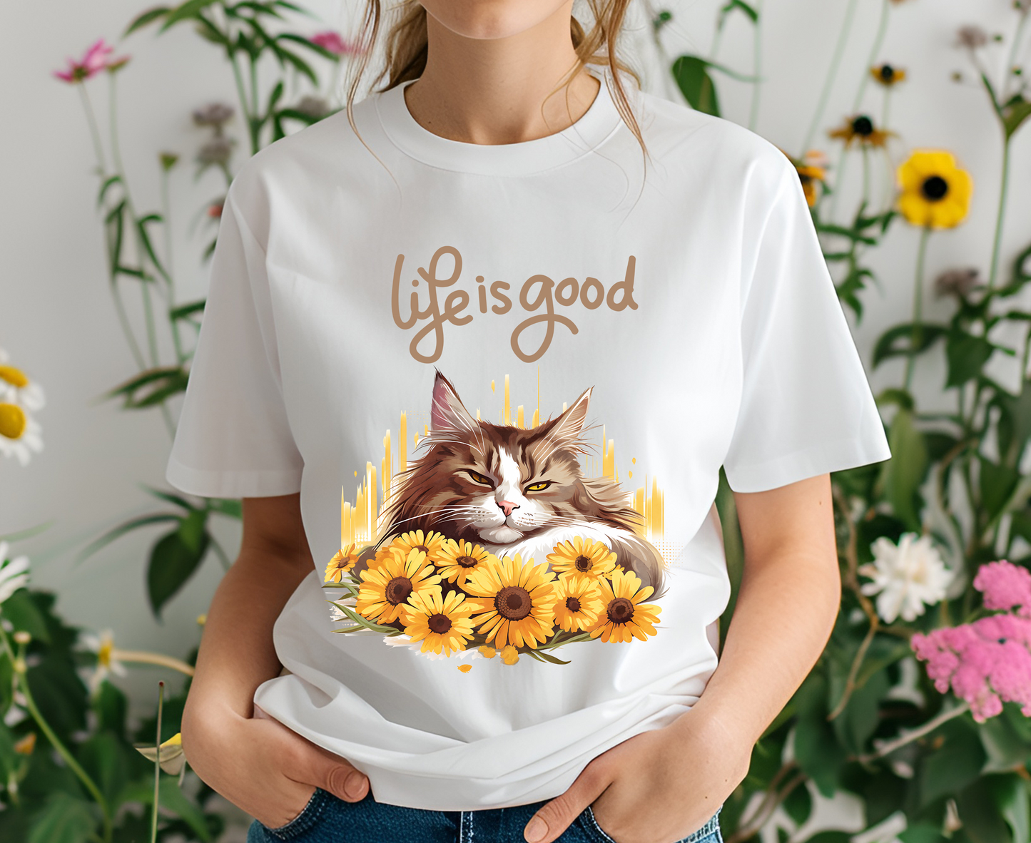 ''Life Is Good'' Cat T-shirt for Women 100% Cotton* - Nunu&Miao Studio