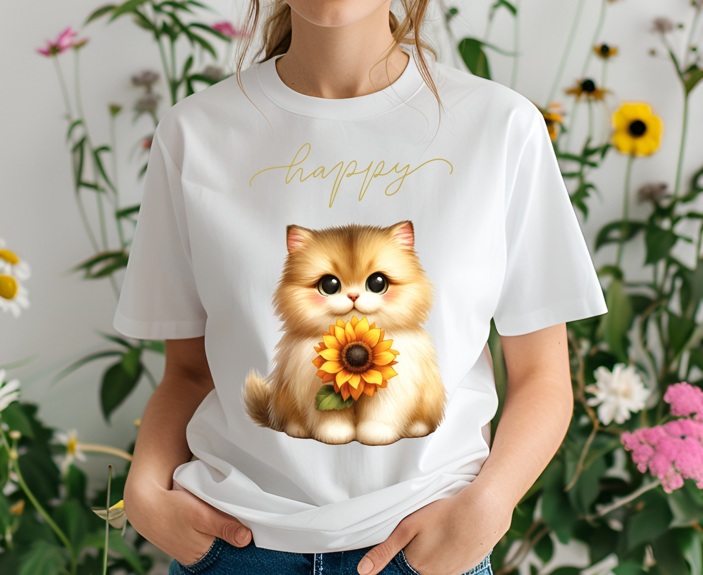 ''Happy'' Cat T-shirt for Women 100% Cotton* - Nunu&Miao Studio