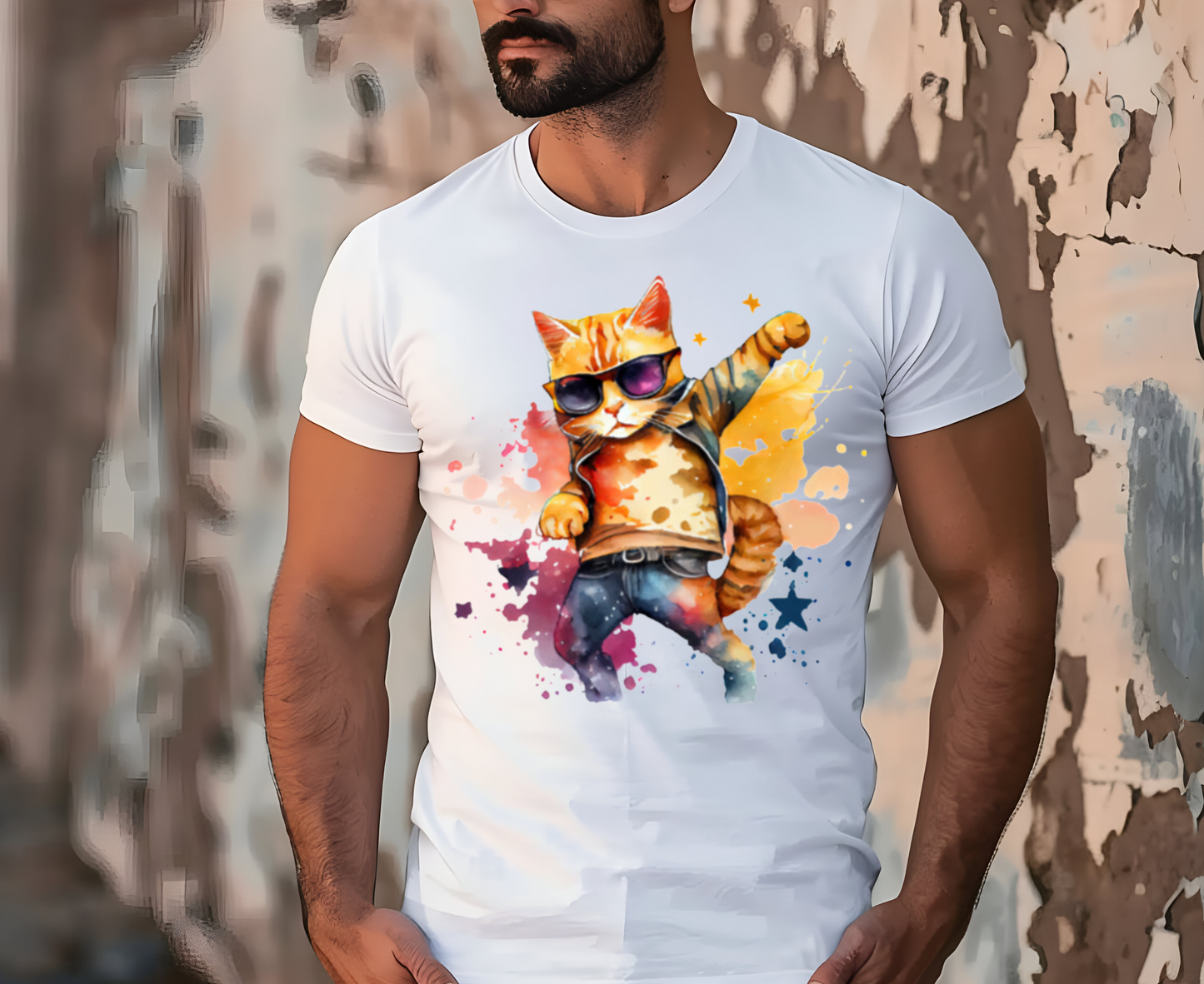 ''Cool Rainbow Cat'' T-shirt for Man 100% Cotton. - Nunu&Miao Studio