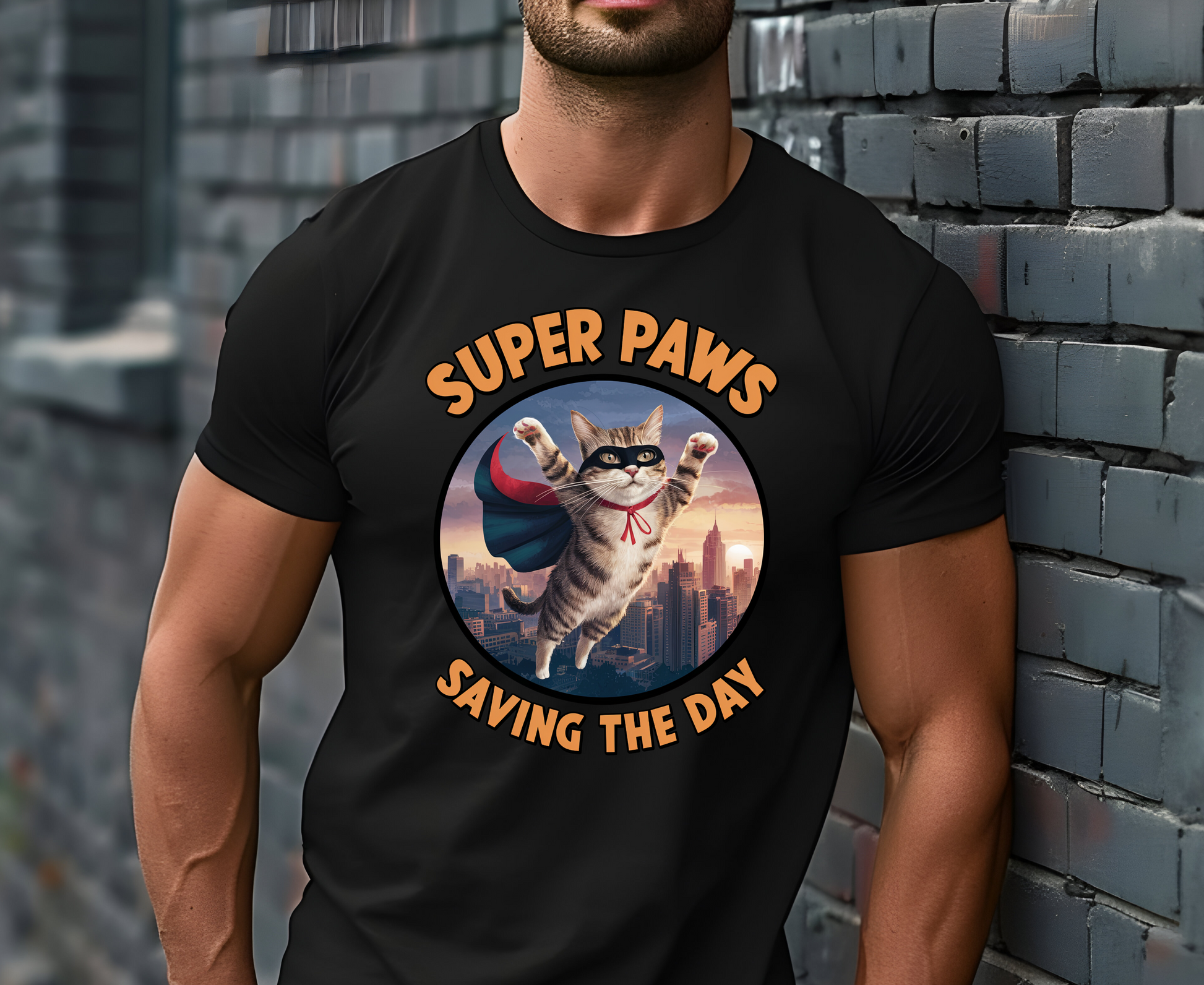 ''Super Paws Saving The Day'' Cat T-shirt for Man 100% Cotton. - Nunu&Miao Studio