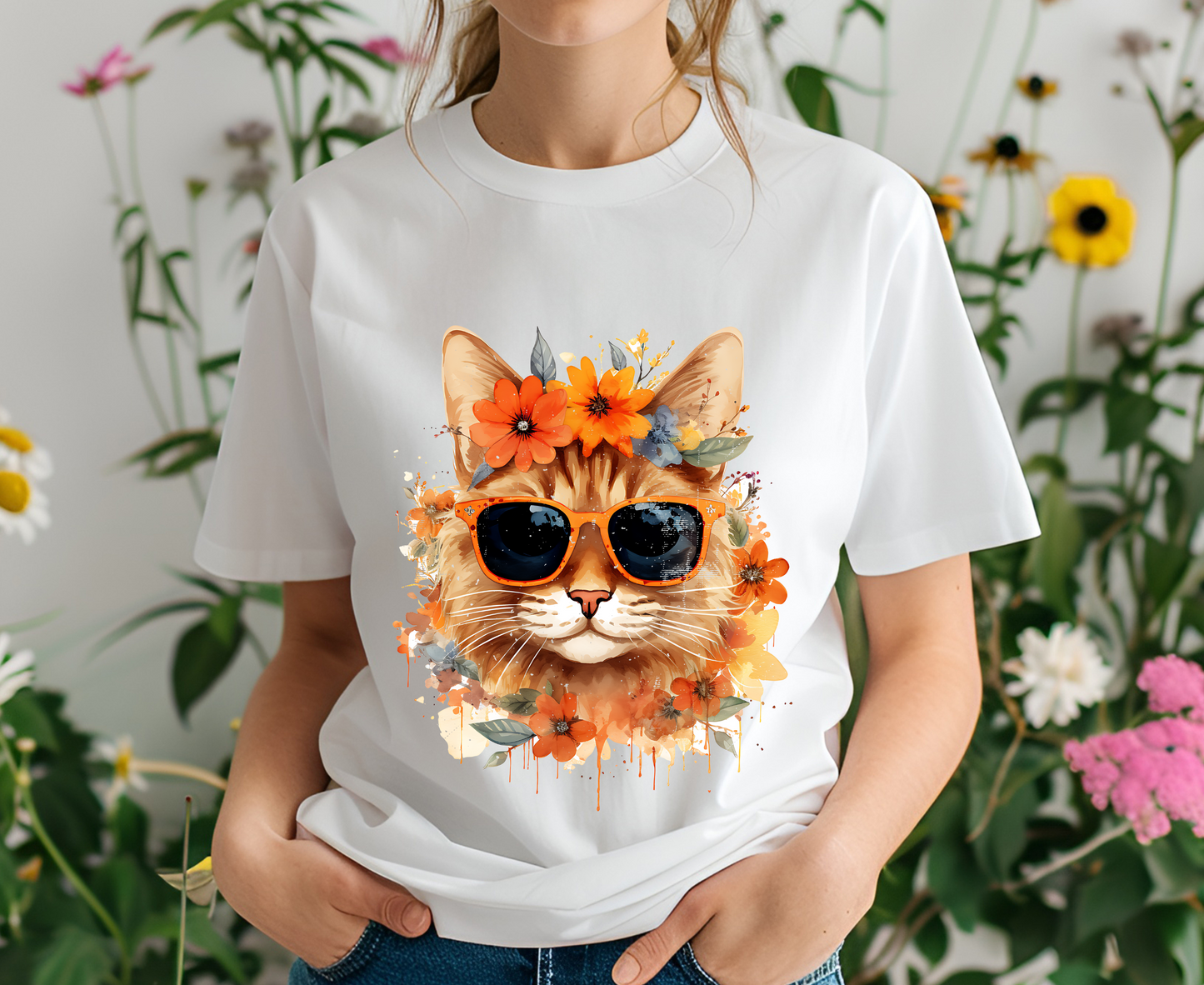 "Cool Cat in Bloom" T-shirt for Women 100% Cotton* - Nunu&Miao Studio